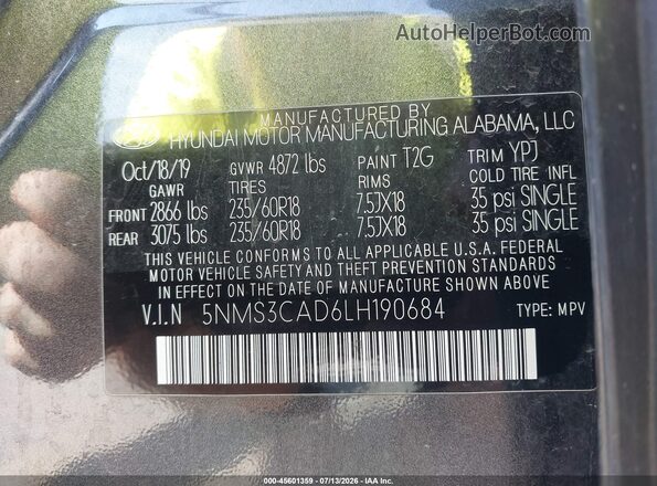 5NMS3CAD6LH190684 2020 HYUNDAI SANTA FE Gray Vista del compartimento del motor