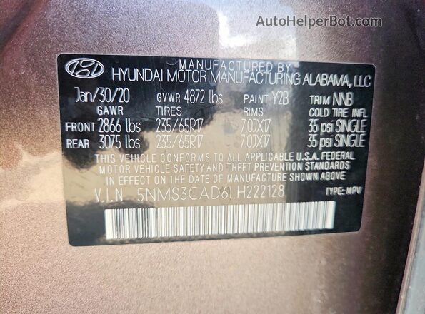 5NMS3CAD6LH222128 2020 HYUNDAI SANTA Коричневый Вид подкапотного пространства