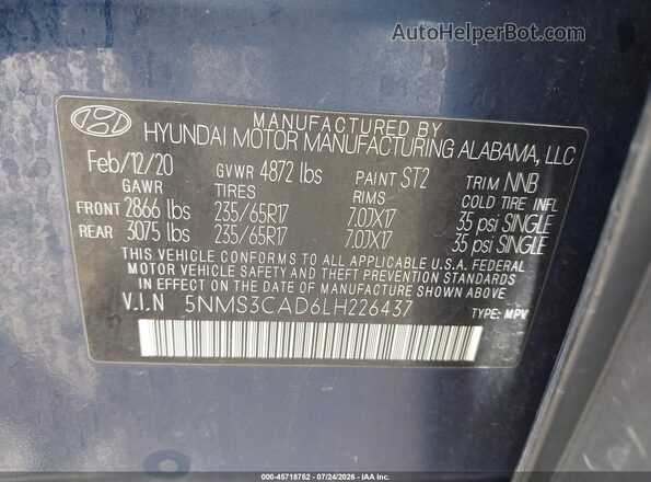 5NMS3CAD6LH226437 2020 HYUNDAI SANTA FE Синий Вид подкапотного пространства