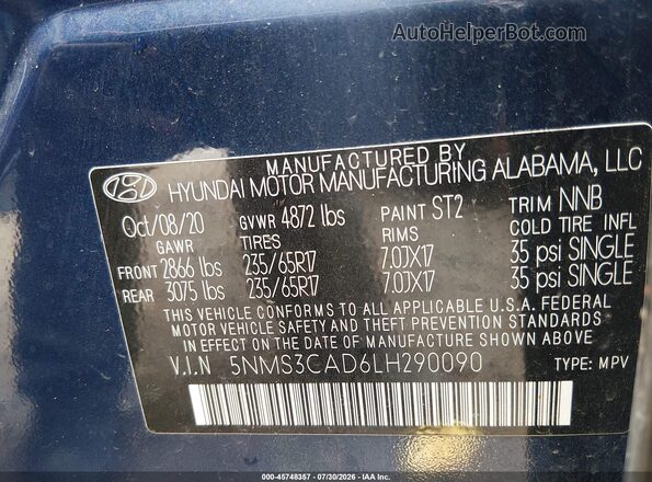 5NMS3CAD6LH290090 2020 HYUNDAI SANTA FE Blue Widok komory silnika