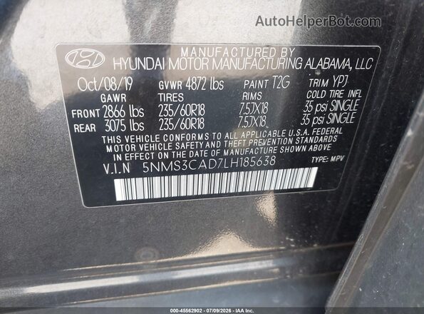 5NMS3CAD7LH185638 2020 HYUNDAI SANTA FE Серый Вид подкапотного пространства