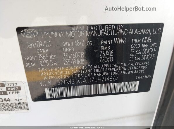 5NMS3CAD7LH214667 2020 HYUNDAI SANTA FE White Widok komory silnika