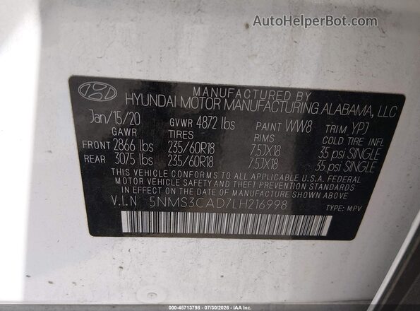 5NMS3CAD7LH216998 2020 HYUNDAI SANTA FE White ძრავის განყოფილების ხედი