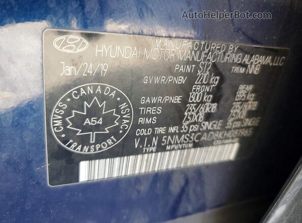 5NMS3CAD8KH081965 2019 HYUNDAI SANTA Blue Սալոնի 360 աստիճան տեսք