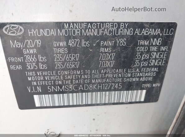 5NMS3CAD8KH127245 2019 HYUNDAI SANTA FE Silver ძრავის განყოფილების ხედი