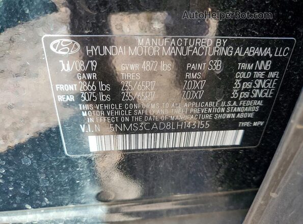 5NMS3CAD8LH143155 2020 HYUNDAI SANTA Black Вид наклейки з VIN-кодом