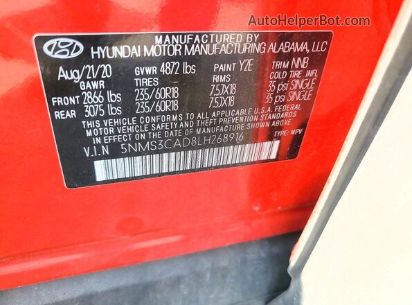 5NMS3CAD8LH268916 2020 HYUNDAI SANTA Red VIN կոդի պիտակի տեսք