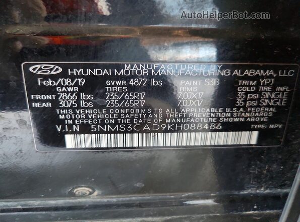 5NMS3CAD9KH088486 2019 HYUNDAI SANTA Black Շարժիչի բաժամունքի տեսք