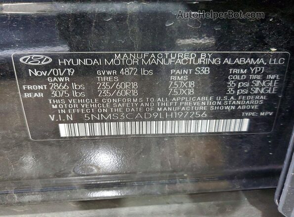 5NMS3CAD9LH197256 2020 HYUNDAI SANTA Black VIN sticker view