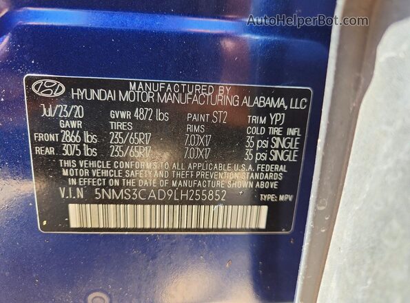 5NMS3CAD9LH255852 2020 HYUNDAI SANTA Blue VIN կոդի պիտակի տեսք
