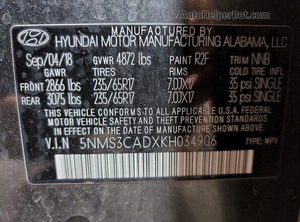 5NMS3CADXKH034906 2019 HYUNDAI SANTA Gray Engine compartment view