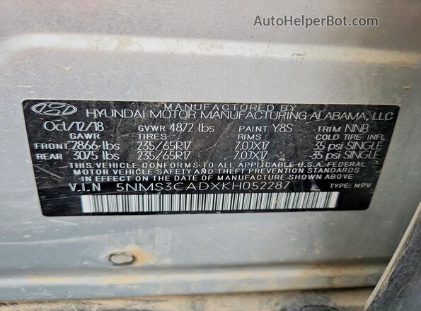 5NMS3CADXKH052287 2019 HYUNDAI SANTA Silver Widok naklejki z numerem VIN