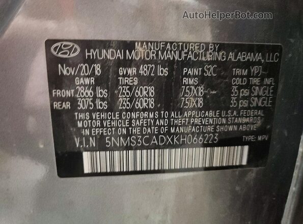 5NMS3CADXKH066223 2019 HYUNDAI SANTA Gray VIN կոդի պիտակի տեսք