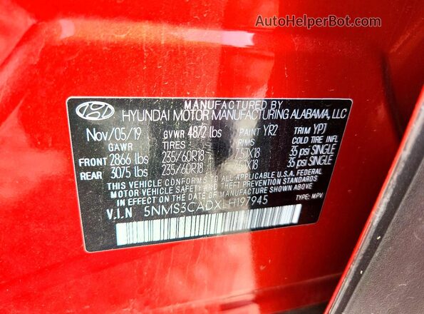 5NMS3CADXLH197945 2020 HYUNDAI SANTA Red VIN კოდის სტიკერის ხედი