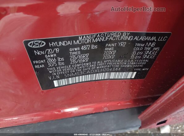 5NMS3CADXLH204344 2020 HYUNDAI SANTA FE Red Widok komory silnika