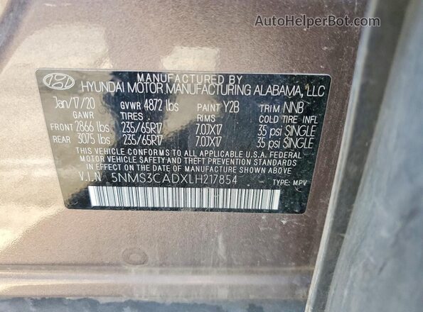 5NMS3CADXLH217854 2020 HYUNDAI SANTA Brown VIN კოდის სტიკერის ხედი