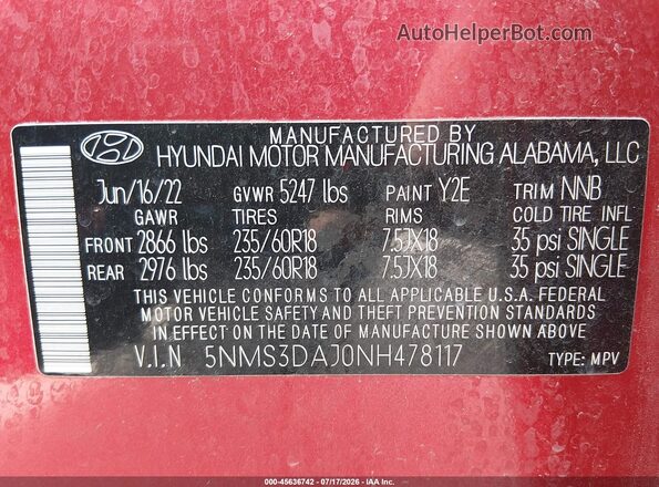 5NMS3DAJ0NH478117 2022 HYUNDAI SANTA FE Red Вид підкапотного простору