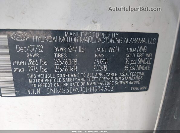 5NMS3DAJ0PH534303 2023 HYUNDAI SANTA FE White Вид підкапотного простору