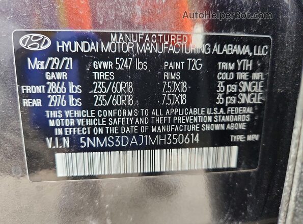 5NMS3DAJ1MH350614 2021 HYUNDAI SANTA Gray Vista de la etiqueta del VIN