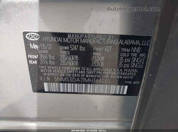 5NMS3DAJ1MH364030 2021 HYUNDAI SANTA FE Серебряный Вид подкапотного пространства