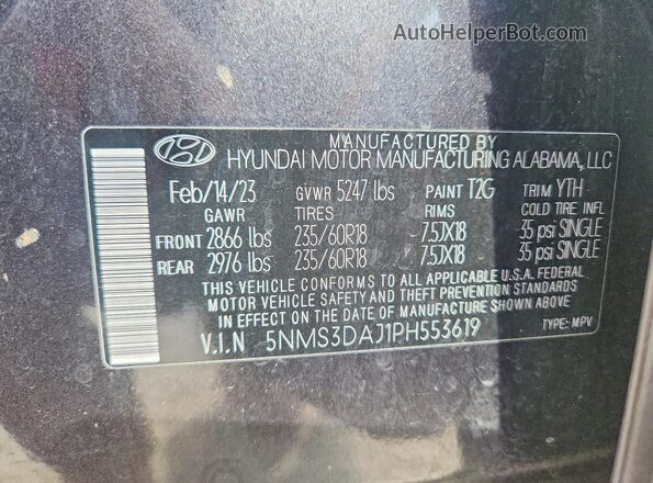 5NMS3DAJ1PH553619 2023 HYUNDAI SANTA Black Widok naklejki z numerem VIN