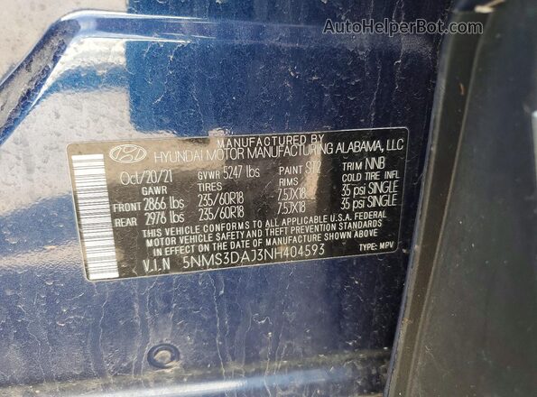 5NMS3DAJ3NH404593 2022 HYUNDAI SANTA Blue VIN կոդի պիտակի տեսք