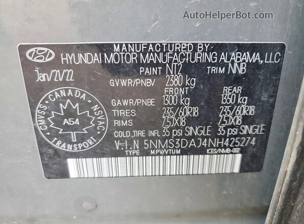 5NMS3DAJ4NH425274 2022 HYUNDAI SANTA Gray VIN կոդի պիտակի տեսք