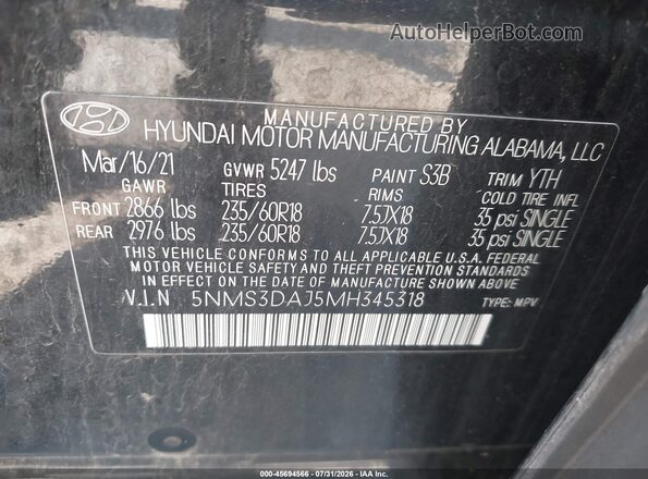 5NMS3DAJ5MH345318 2021 HYUNDAI SANTA FE Black Вид підкапотного простору