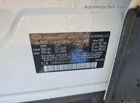 5NMS3DAJ6MH352617 2021 HYUNDAI SANTA White ძრავის განყოფილების ხედი