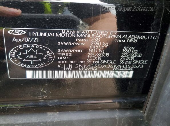 5NMS3DAJ6MH353573 2021 HYUNDAI SANTA Black Вид наклейки з VIN-кодом