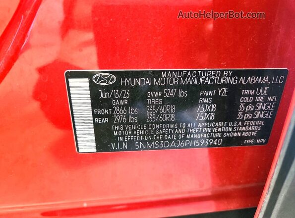 5NMS3DAJ6PH593940 2023 HYUNDAI SANTA Red VIN კოდის სტიკერის ხედი