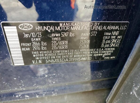 5NMS3DAJ7PH541930 2023 HYUNDAI SANTA Синий Панорамный вид салона 360°