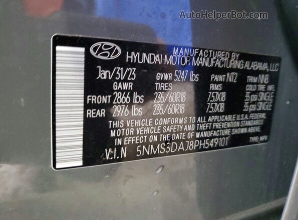 5NMS3DAJ8PH549101 2023 HYUNDAI SANTA Gray Widok naklejki z numerem VIN