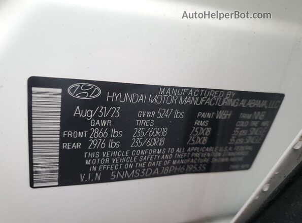 5NMS3DAJ8PH619535 2023 HYUNDAI SANTA White Widok naklejki z numerem VIN