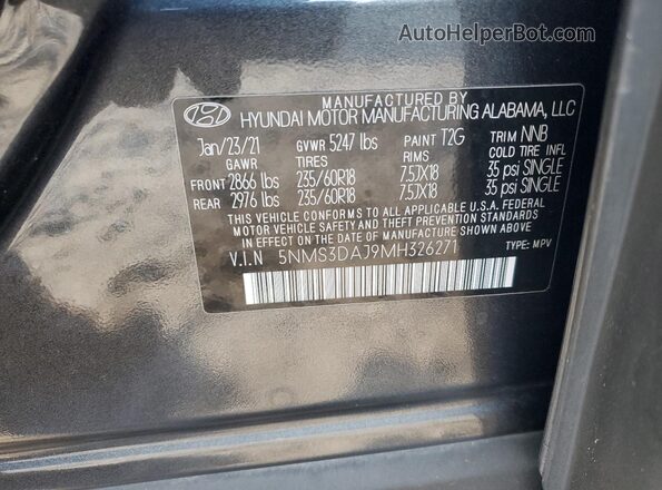 5NMS3DAJ9MH326271 2021 HYUNDAI SANTA Charcoal Vista de la etiqueta del VIN