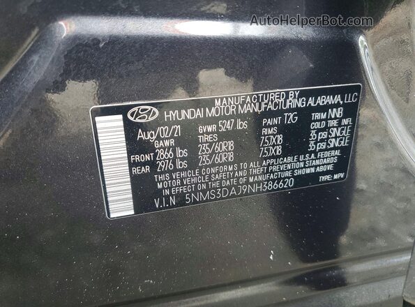 5NMS3DAJ9NH386620 2022 HYUNDAI SANTA Charcoal VIN sticker view