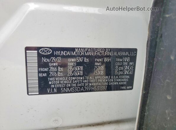 5NMS3DAJ9PH531397 2023 HYUNDAI SANTA White VIN კოდის სტიკერის ხედი