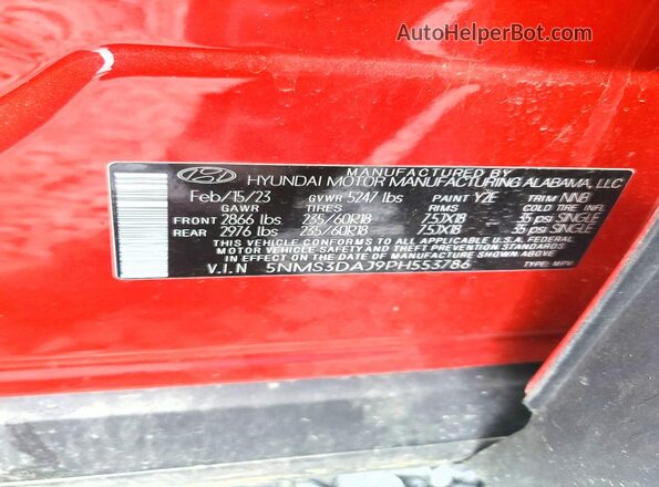 5NMS3DAJ9PH553786 2023 HYUNDAI SANTA Red Widok naklejki z numerem VIN