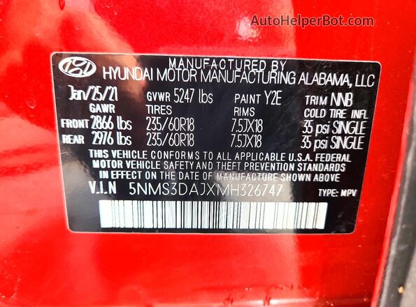 5NMS3DAJXMH326747 2021 HYUNDAI SANTA Red Widok komory silnika