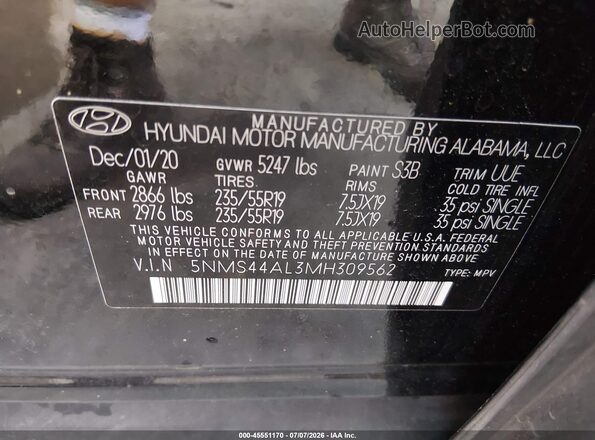 5NMS44AL3MH309562 2021 HYUNDAI SANTA FE Black Вид підкапотного простору