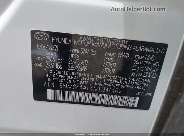 5NMS44AL4MH346409 2021 HYUNDAI SANTA FE White Շարժիչի բաժամունքի տեսք