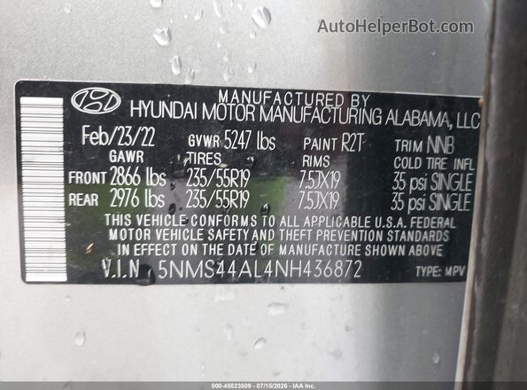 5NMS44AL4NH436872 2022 HYUNDAI SANTA FE Silver Vista del compartimento del motor