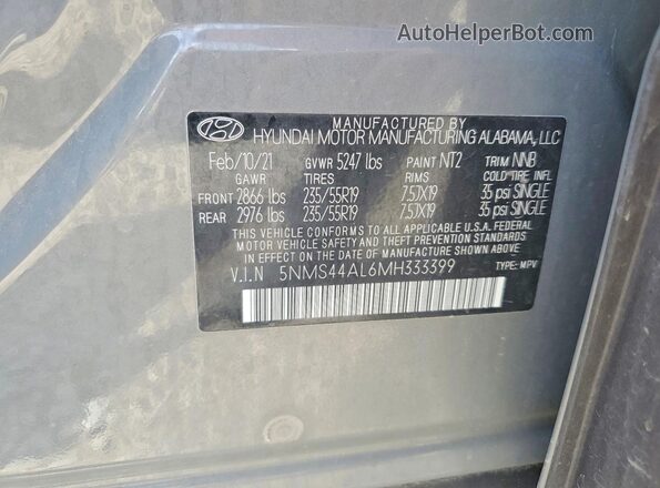 5NMS44AL6MH333399 2021 HYUNDAI SANTA Gray Vista de la etiqueta del VIN