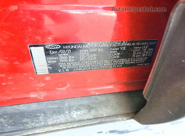 5NMS44AL9NH415113 2022 HYUNDAI SANTA Red Շարժիչի բաժամունքի տեսք
