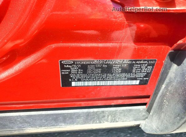 5NMS4DAL0MH366088 2021 HYUNDAI SANTA Red Vista de la etiqueta del VIN