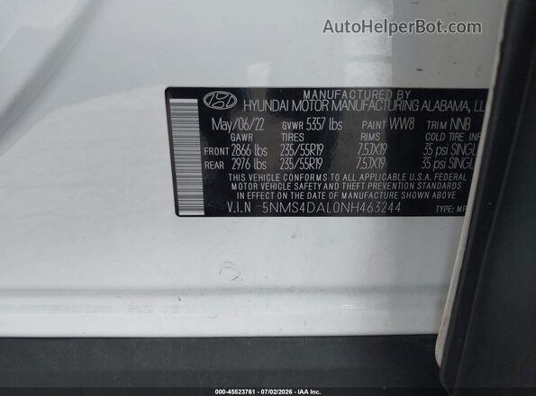 5NMS4DAL0NH463244 2022 HYUNDAI SANTA FE White Vista del compartimento del motor