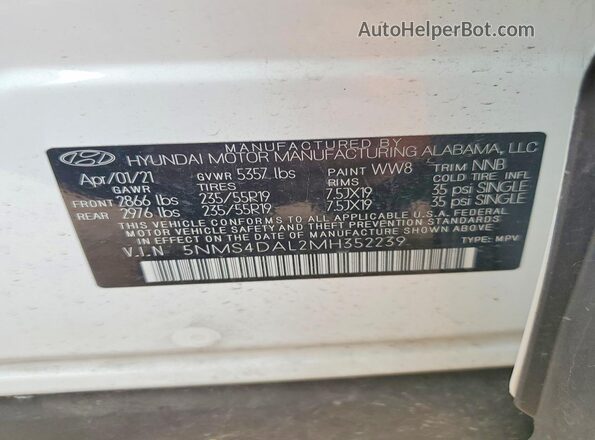 5NMS4DAL2MH352239 2021 HYUNDAI SANTA White VIN կոդի պիտակի տեսք