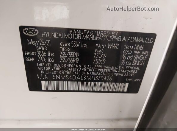 5NMS4DAL3MH370426 2021 HYUNDAI SANTA FE White Вид підкапотного простору