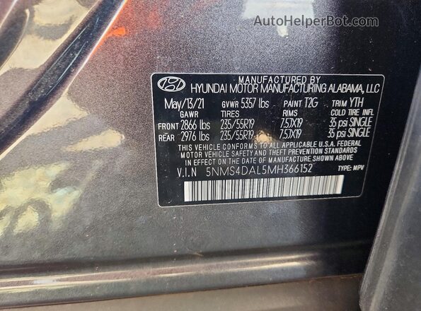 5NMS4DAL5MH366152 2021 HYUNDAI SANTA Charcoal Widok naklejki z numerem VIN