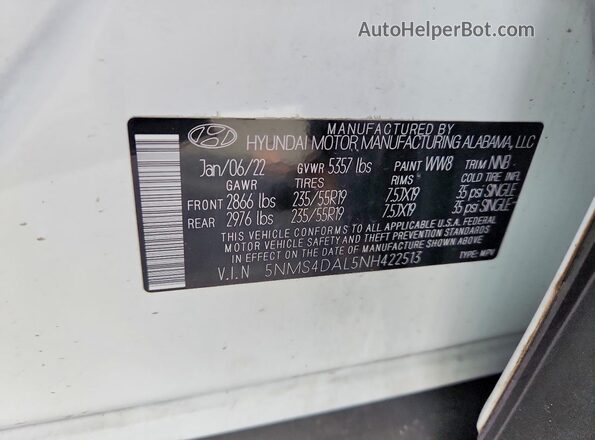 5NMS4DAL5NH422513 2022 HYUNDAI SANTA White Widok wnętrza 360 stopni